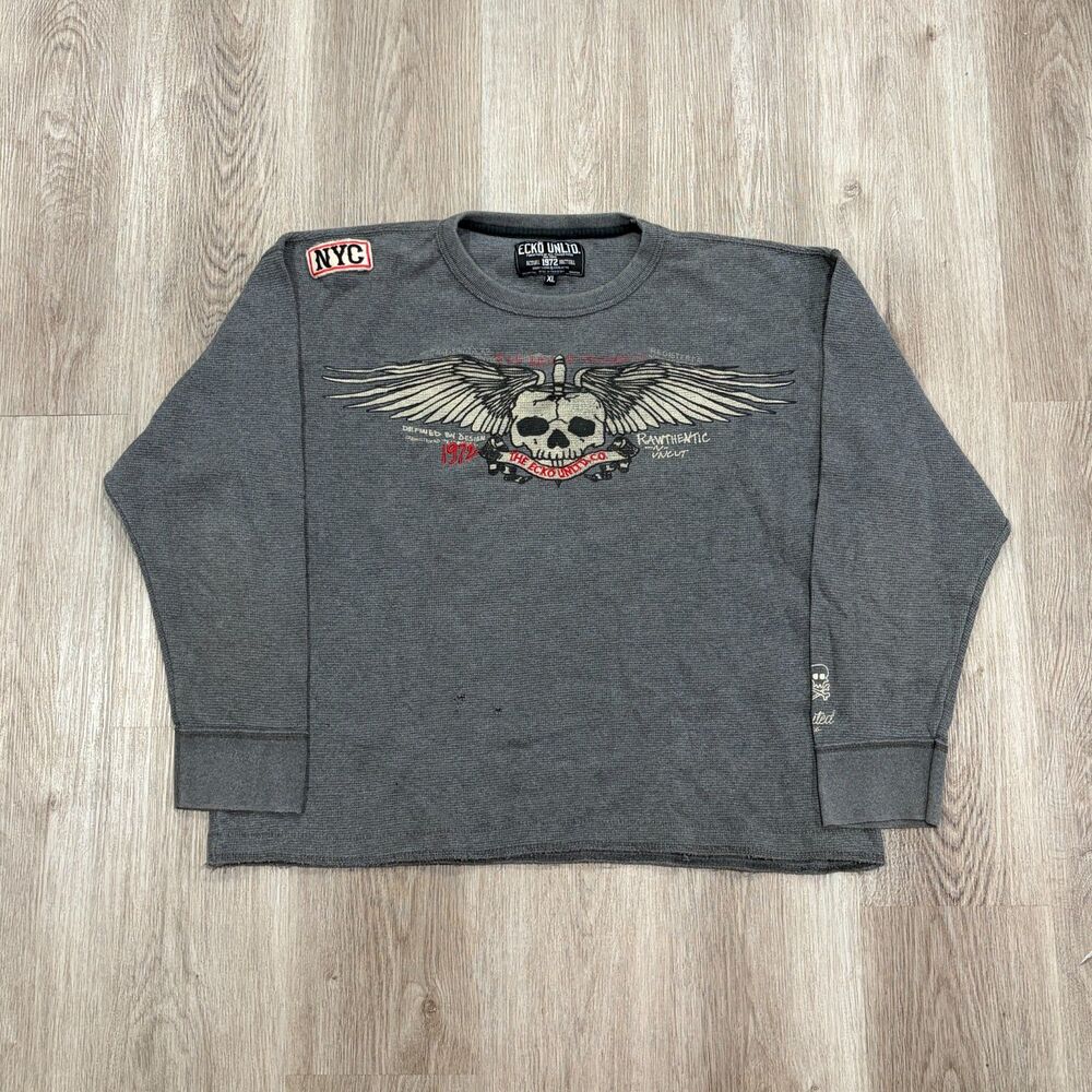 RARE Vtg 00s Y2K Ecko Unltd Waffle Thermal Men's Size XL Grey Skull Skate Grunge
